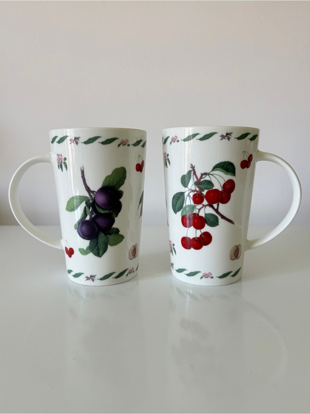 Kent Pottery Fine Bone Coffee Tea Mugs Plum Cherry Cherries Fruit Pair Cottage